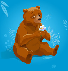 Cartoon happy Mammy bear with flower. Spring mood
