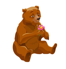Cartoon happy Mammy bear with flower. Spring mood