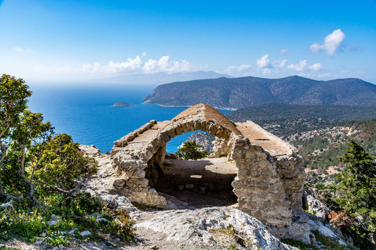 Ruins of a church in Monolithos castle and beautiful landscape view, Rhodes island, Greece