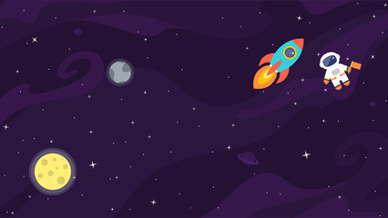 Space flat vector background with astronaut, rocket, spaceship, moon, planets and stars. Space for your text. - 152457321