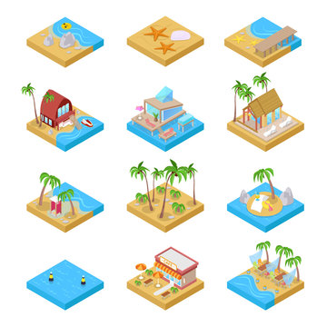 Beach Vacation Collection with Bungalow, Boat and Palm Trees. Tropical Resort. Isometric vector flat 3d illustration