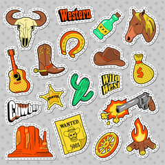 Western Elements Doodle. Wild West Stickers, Badges and Patches with Horse, Gun and Sheriff. Vector illustration