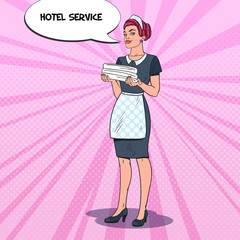 Female Chambermaid with Clean Towels. Hotel Maid Service. Pop Art vector illustration