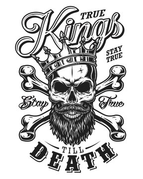 quote typography with black and white king skull in crown with beard on white background