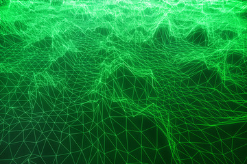 3D illustration abstract green landscape bacgkround. Cyberspace grid. Concept internet connections in cloud computing.