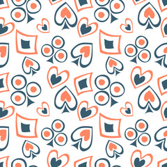 Seamless vector pattern with icons of playings cards. background with hand drawn symbols. Decorative repeat ornament. Series of Gaming and Gambling Seamless vector Patterns.