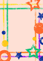 Vector drawn geometric background with geometrical figures, frame, border Grunge template with stars, circles, dots Old style vintage design. Graphic illustration with cracks, attrition a4 size format