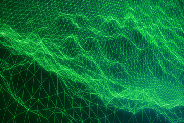 3D illustration concept internet connections in cloud computing. Cyberspace landscape grid. 3d technology. Abstract green landscape on black background with light rays.