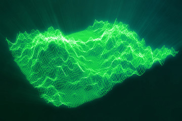 3D illustration concept internet connections in cloud computing. Cyberspace landscape grid. 3d technology. Abstract green landscape on black background with light rays.
