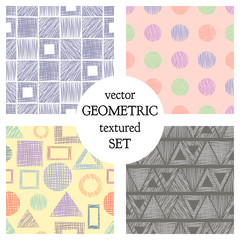 Set of seamless vector geometrical patterns with different geometric figures, forms. pastel endless background with hand drawn textured geometric figures. Graphic vector illustration