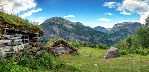 Fototapeta na wymiar Scandinavian traditional houses with grass roofs