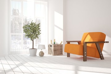 White modern room with sofa. Scandinavian interior design. 3D illustration
