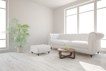 White modern room with sofa. Scandinavian interior design. 3D illustration