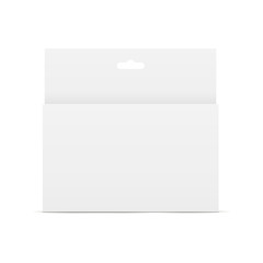 Paper box with hang tab in front view. Mockup for design or branding. Vector illustration
