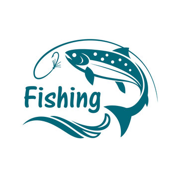 salmon fishing emblem with waves and hook
