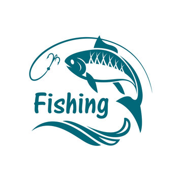 fishing emblem with waves and hook