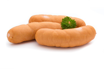 Sausage and spices isolated on white background, fresh delicious frankfurter.