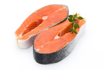 salmon steak close-up isolated on white background