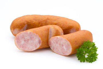 Sausage and spices isolated on white background, fresh delicious frankfurter.