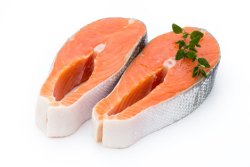 salmon steak close-up isolated on white background