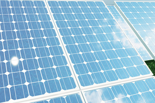 3D illustration solar panels with reflection the sunny sky. Background of photovoltaic modules for renewable energy.