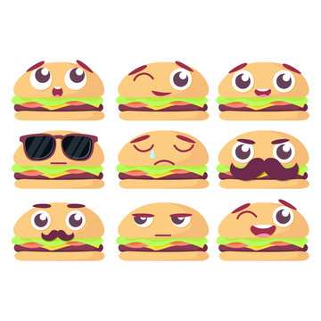 Set of burgers with emotions, set of emoji, isolated on white background vector illustration
