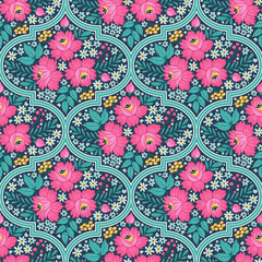 Seamless pattern with decorative flowers, patchwork tiles. Freehand drawing