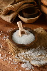 Sea salt in the wooden bowl