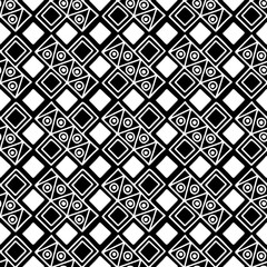 Seamless vector pattern. Black and white geometrical background with hand drawn decorative tribal elements. Print with ethnic, folk, traditional motifs. Graphic vector illustration.