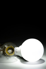 Glowing led lamp and incandescent bulb in the dark
