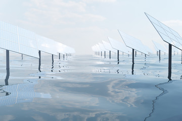 3D illustration of big solar panels on sea, ocean or river. Reflection of the clouds on the photovoltaic cells. Alternative clean energy of the sun. Power, ecology, technology, electricity.