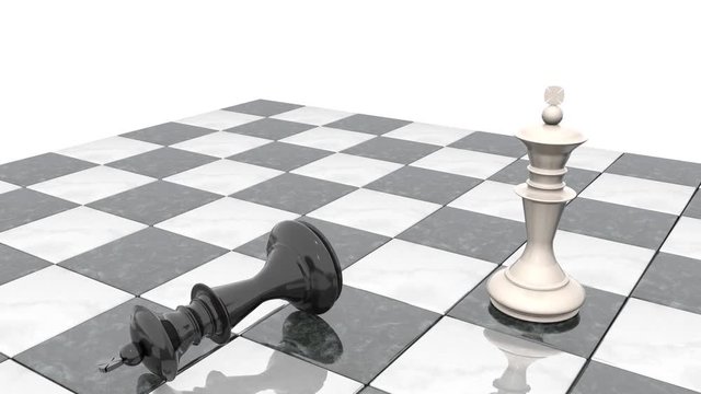 3d animation: Two chess figures on the playing field. White king is a winner and a loser black lies prostrate at his feet. Falling. Marble Board game. Business strategy. Education