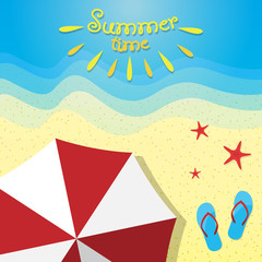 Sunny summer design with umbrella na flip flops. Vector.