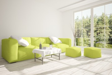 White room with sofa and green landscape in window. Scandinavian interior design. 3D illustration