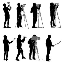 Set cameraman with video camera. Silhouettes on white background