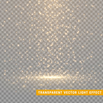 Glowing glitter light effects isolated realistic. Christmas decoration design element. Sunlight lens flare. Shining elements and stars. Golden texture. Transparent vector particles background.