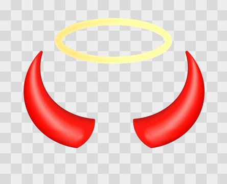 Red devil horns and angel halo isolated on transparent checkered background. Vector illustration.