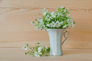 Bouquet of white wild flowers of stellaria holostea in a cup on a wooden background