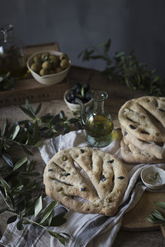Fougasse French bread on a rustic background
