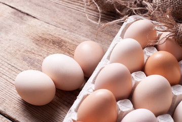 Eggs in the tray on the table