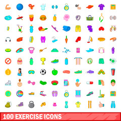 100 exercise icons set, cartoon style