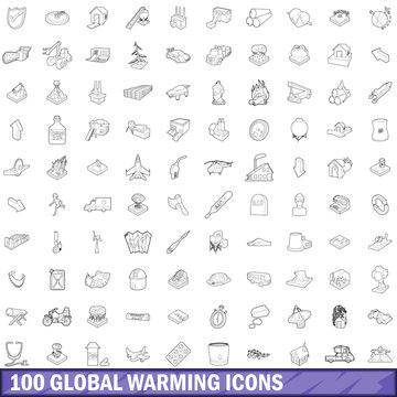 100 global warming icons set, outline style