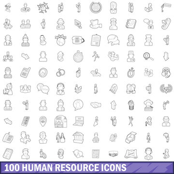 100 human resource icons set, outline style