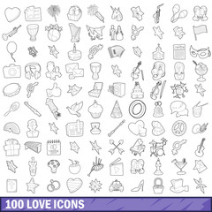 100 love icons set, outline style