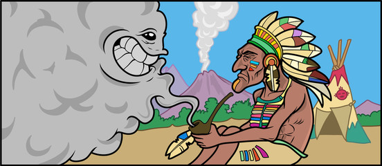 A Native american Shaman talking with a smoke cloud. Vector Illustration © uklanor