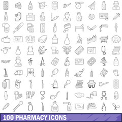 100 pharmacy icons set, outline style