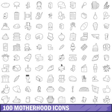 100 motherhood icons set, outline style