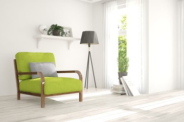 White modern room with armchair. Scandinavian interior design. 3D illustration