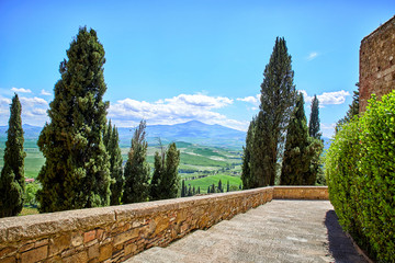 View of the city walls of Pienza