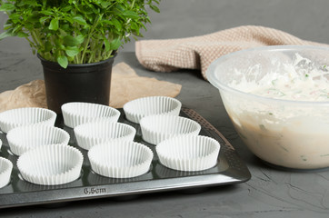 Cooking Process Of Home Baked Cheese And Vegetables Muffins With Pepper, Spinach, Sweetcorn, Mature Gouda.